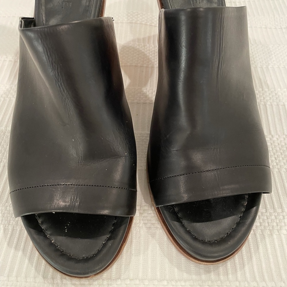 Vince Black Leather and wood heel sandal.